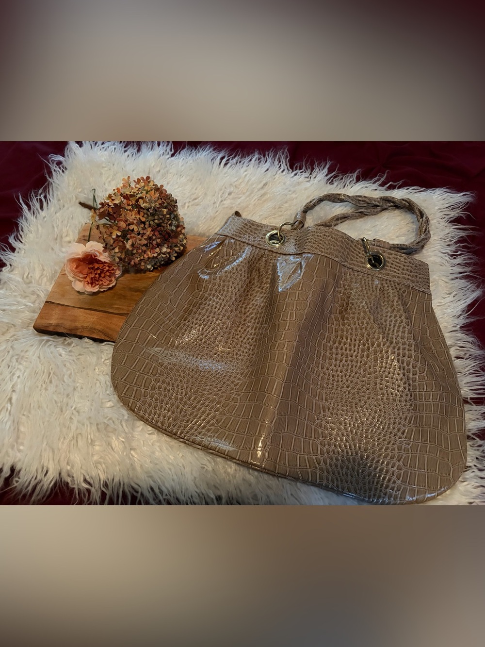 Jessica Simpson Taupe Croc-Embossed Patent Tote